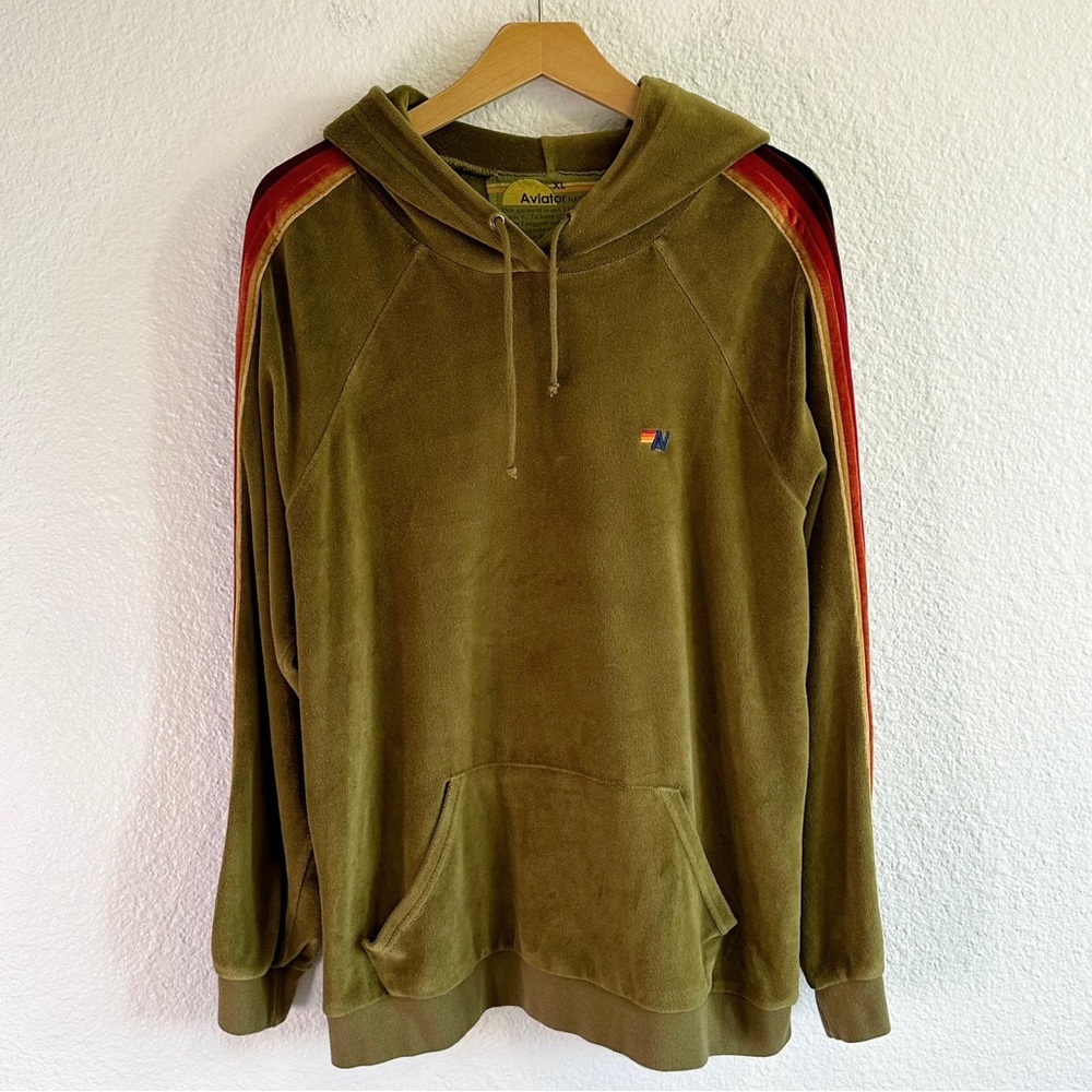 RARE Aviator Nation Velvet Rainbow Striped Pullover Hoodie Green Women’s XL